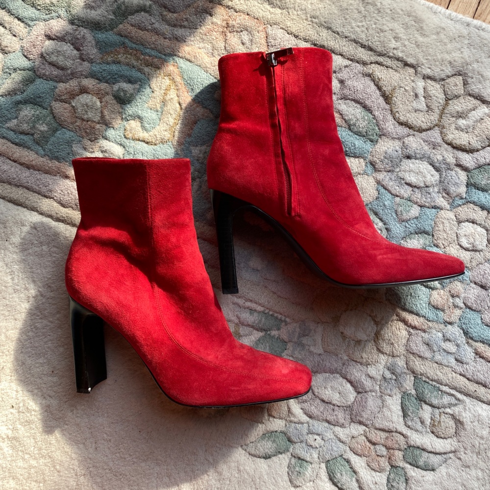 Red Suede Marc Fisher Square Toe Heeled Ankle Boots